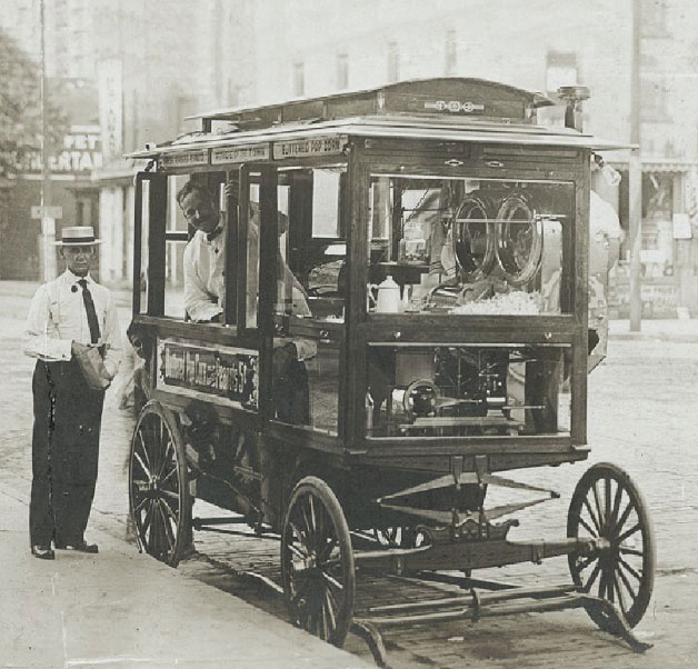 As early as 1914, this popcorn wagon was rolling through the streets of Kokomo off ering kernels popped on-site.