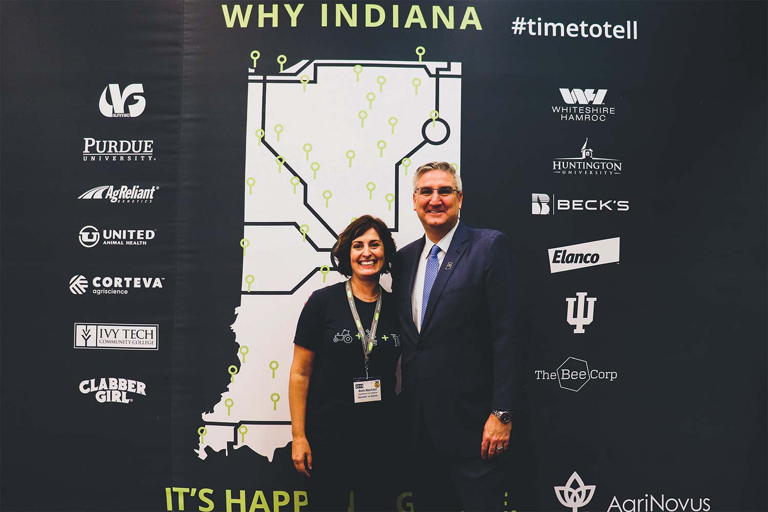 Indiana Governor Eric Holcomb and AgriNovus Indiana President and CEO Beth Bechdol at the 2018 National FFA Blue Room presented by AgriNovus Indiana and powered by Microsoft.