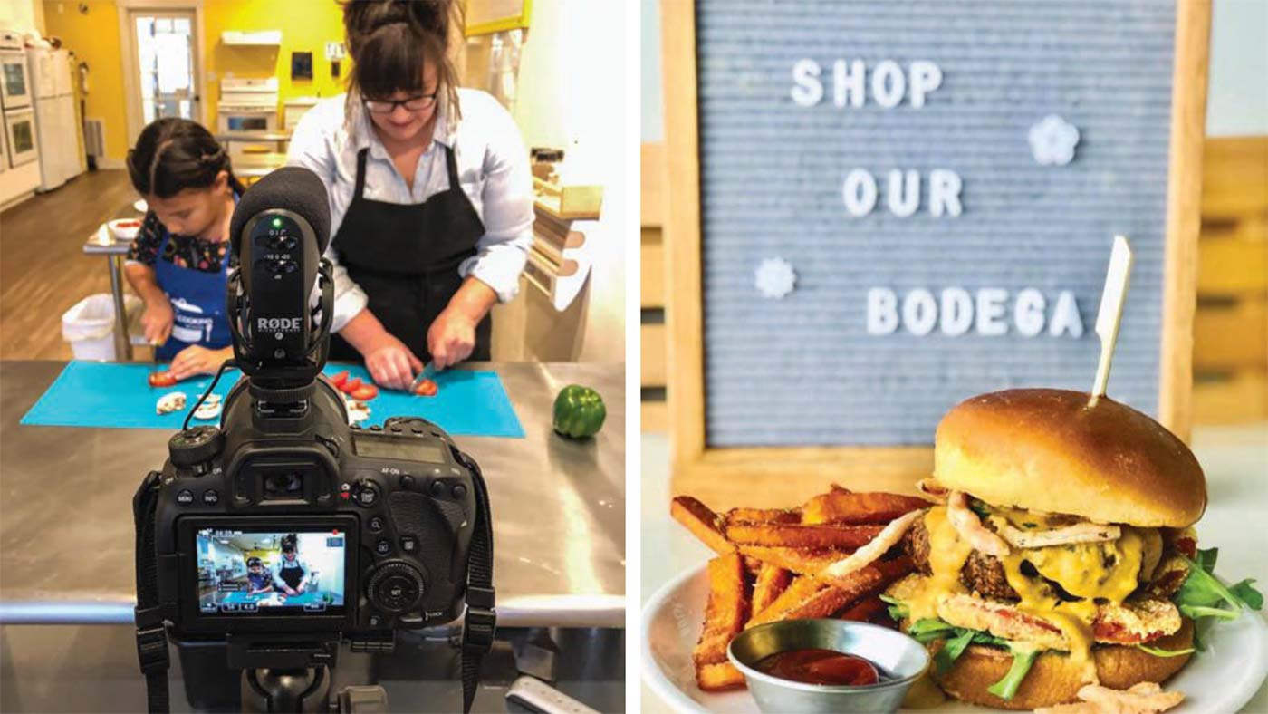 Left: MESA Kids Cooking School in New Albany, Indiana, went online with Chef Liz Martino and Atalia Morones. Right: Naïve in Louisville expanded their menu options to include essential items.