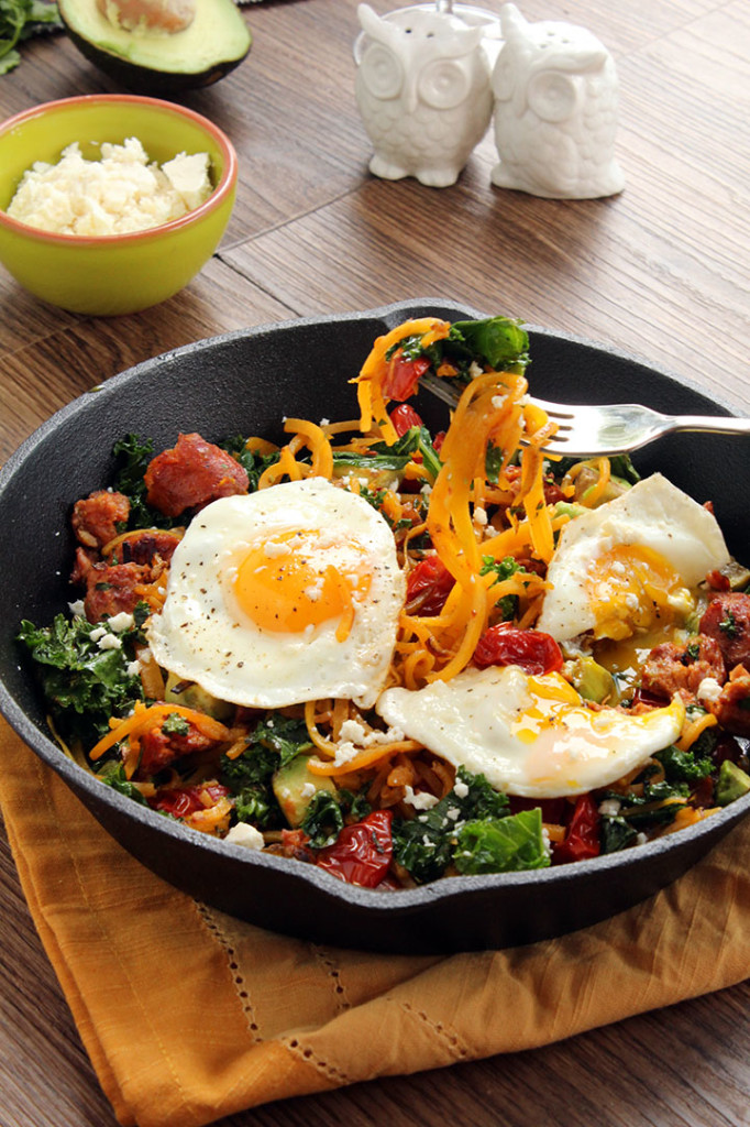 Smoked Chorizo and Butternut Squash Noodle Skillet with Avocado, Kale ...