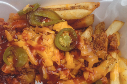 Pulled pork fries, with BBQ pork, cheese and jalapeños from Groovy Guys Gourmet Fries