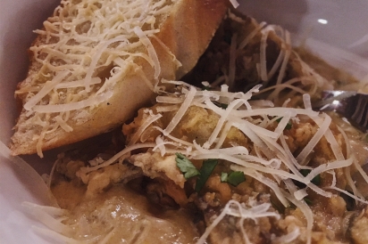 Maitake mushroom soup with schnabeltier swiss