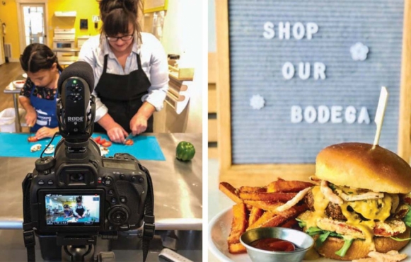 Left: MESA Kids Cooking School in New Albany, Indiana, went online with Chef Liz Martino and Atalia Morones. Right: Naïve in Louisville expanded their menu options to include essential items.