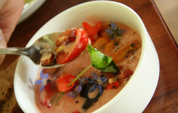 Tomato Yogurt with Almonds, Basil and Heirloom Cherry Tomatoes