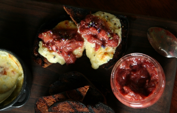 Baked Boone County Bloomy with Strawberry-Rhubarb Jam