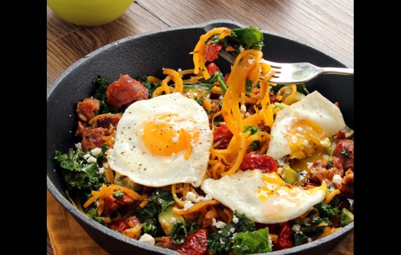  Smoked Chorizo and Butternut Squash Noodle Skillet with Avocado, Kale and Fried Eggs