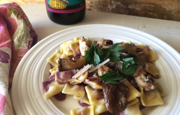 Oyster Mushroom Pasta with Scorched Red Wine Sauce, Edible Indy