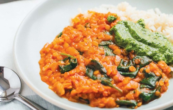Red Lentil Coconut Curry with Cilantro Chutney