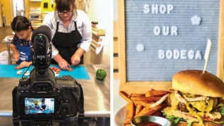 Left: MESA Kids Cooking School in New Albany, Indiana, went online with Chef Liz Martino and Atalia Morones. Right: Naïve in Louisville expanded their menu options to include essential items.