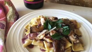 Oyster Mushroom Pasta with Scorched Red Wine Sauce, Edible Indy